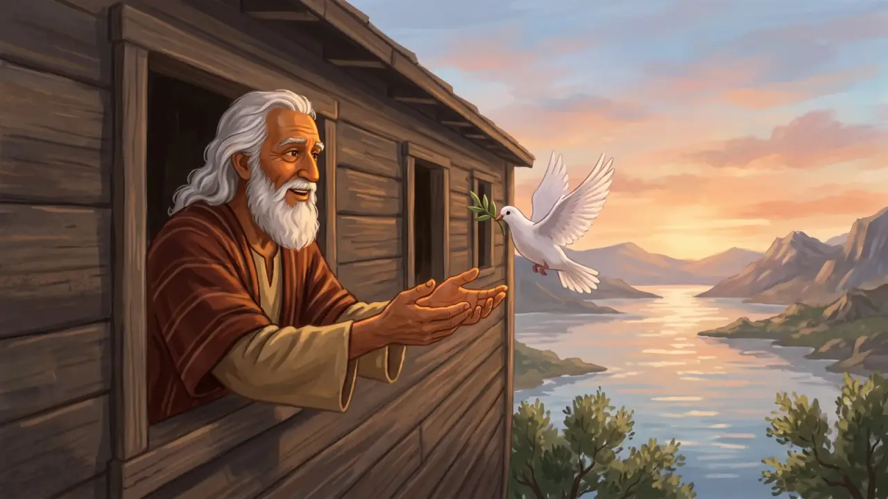 Noah at the ark’s window as the dove comes back with an olive leaf