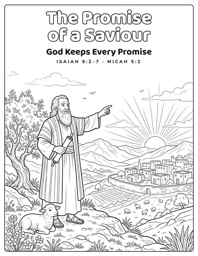 Coloring page: The Promise of a Saviour, a prophet pointing toward Bethlehem with a lamb at his feet