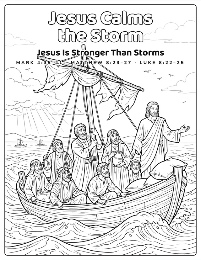 Coloring page: Jesus Calms the Storm, Jesus standing in the boat with His disciples